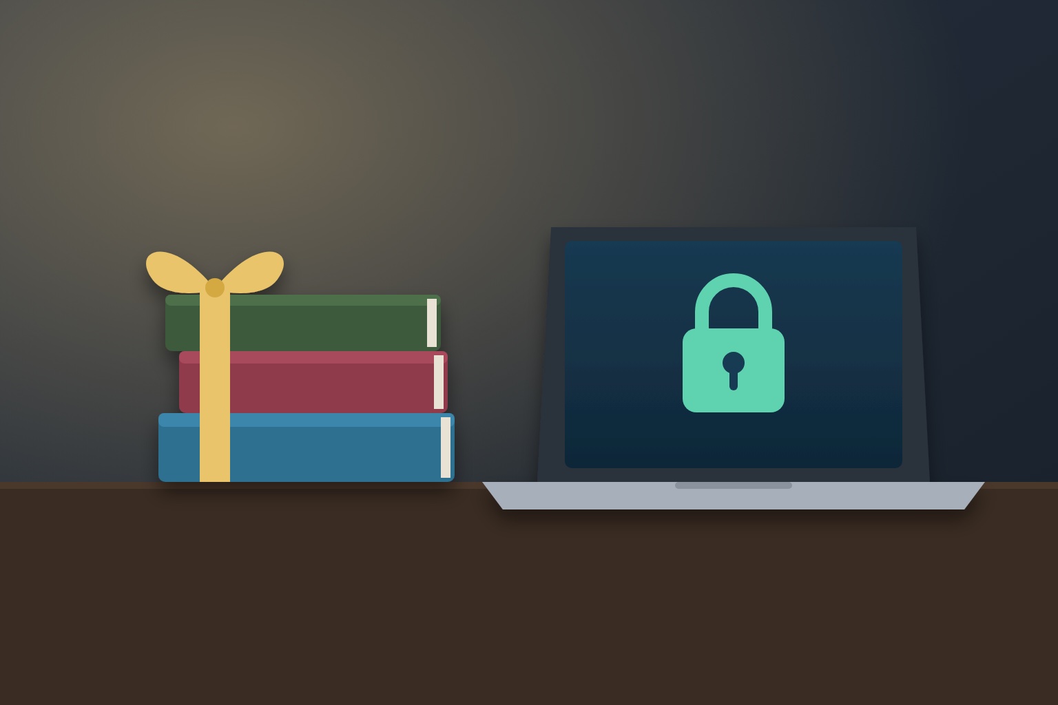 Illustration: a stack of books tied with a gift ribbon next to a laptop showing a padlock icon