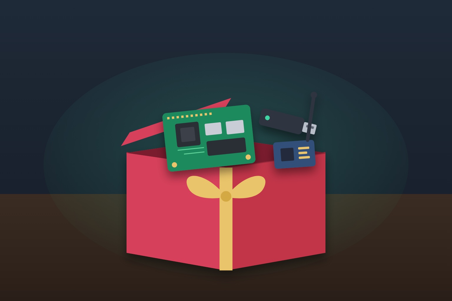 Illustration: an open gift box with a single-board computer, a USB gadget and a small radio module with an antenna