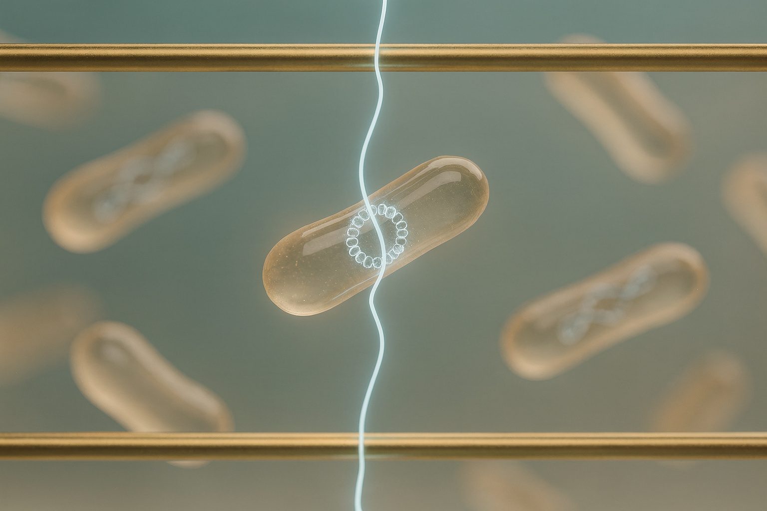 Illustration: rod-shaped bacteria between two gold electrodes, an electric pulse passing through a cell's DNA loop