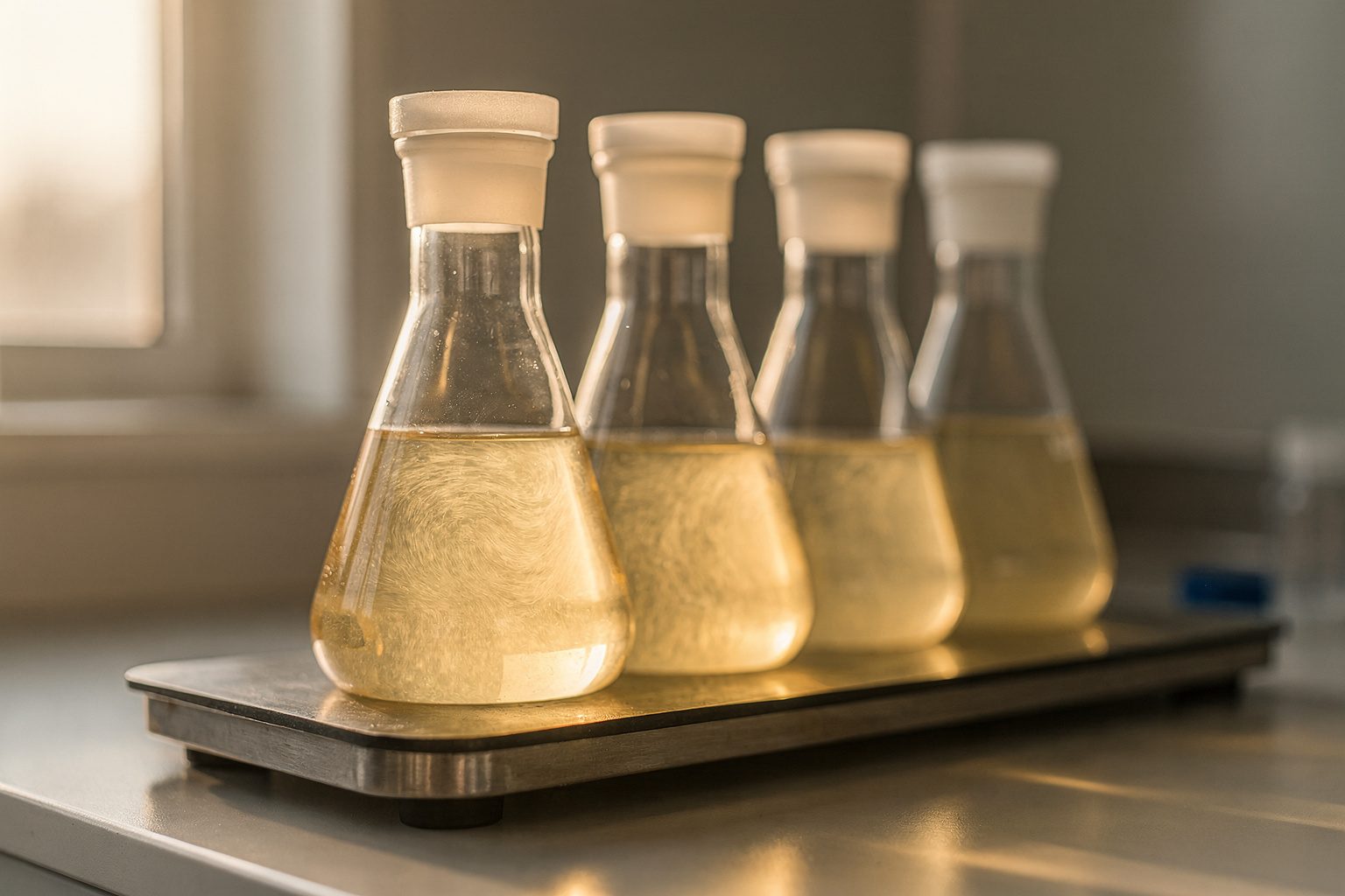 Illustration: glass flasks of cloudy golden bacterial culture on a metal platform in a sunlit microbiology lab