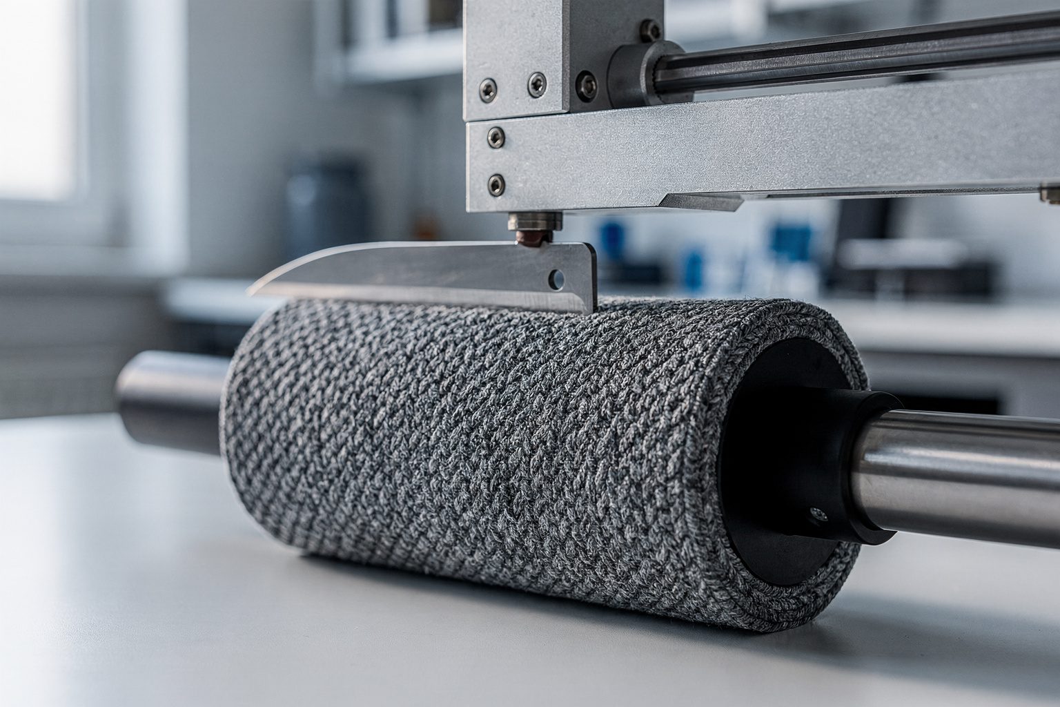 Illustration: a lab test rig presses a steel blade onto gray cut-resistant knit fabric wrapped around a roller