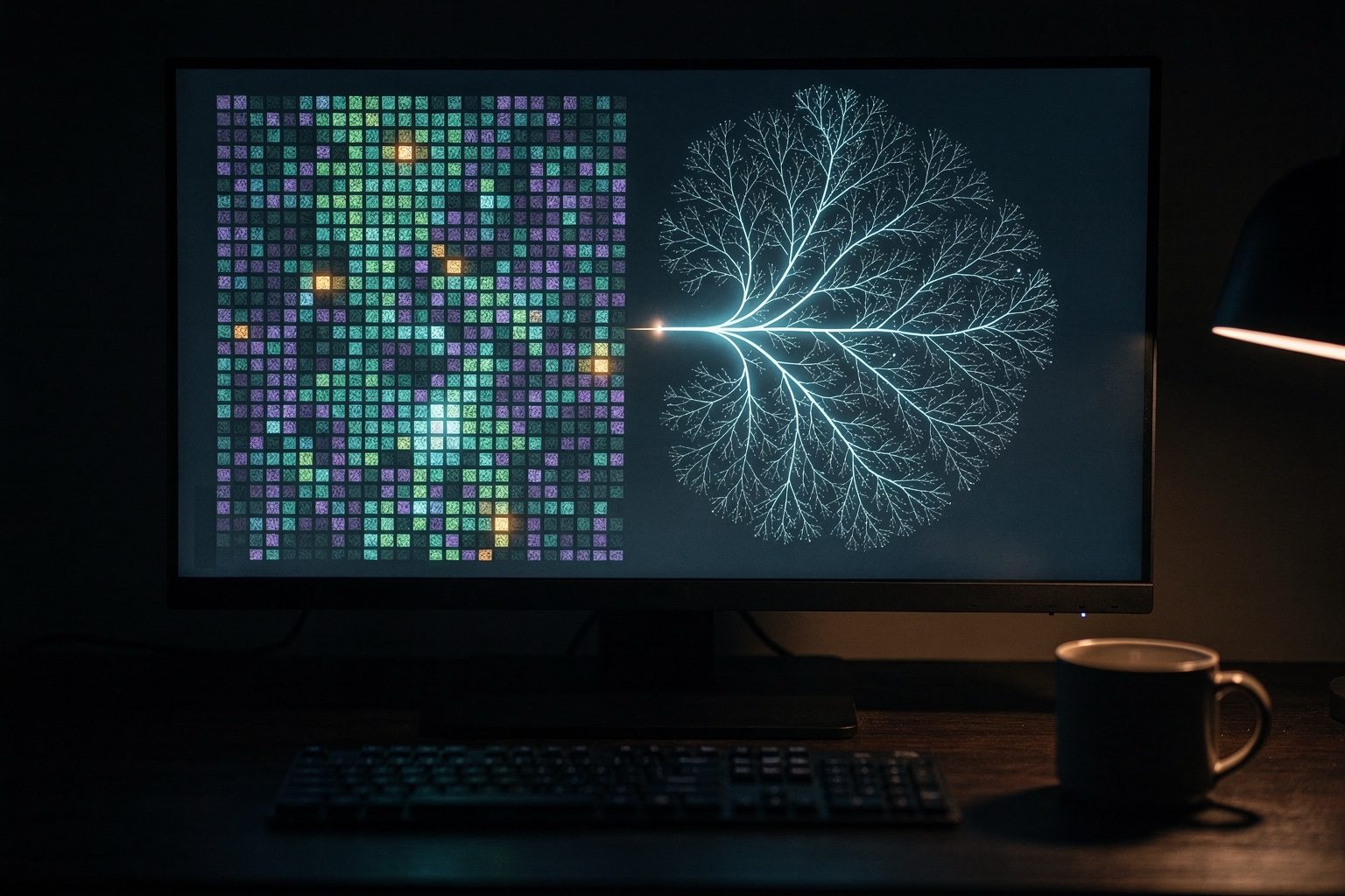 Illustration: a monitor at night showing a heat-map grid and a branching tree of possible cipher readings