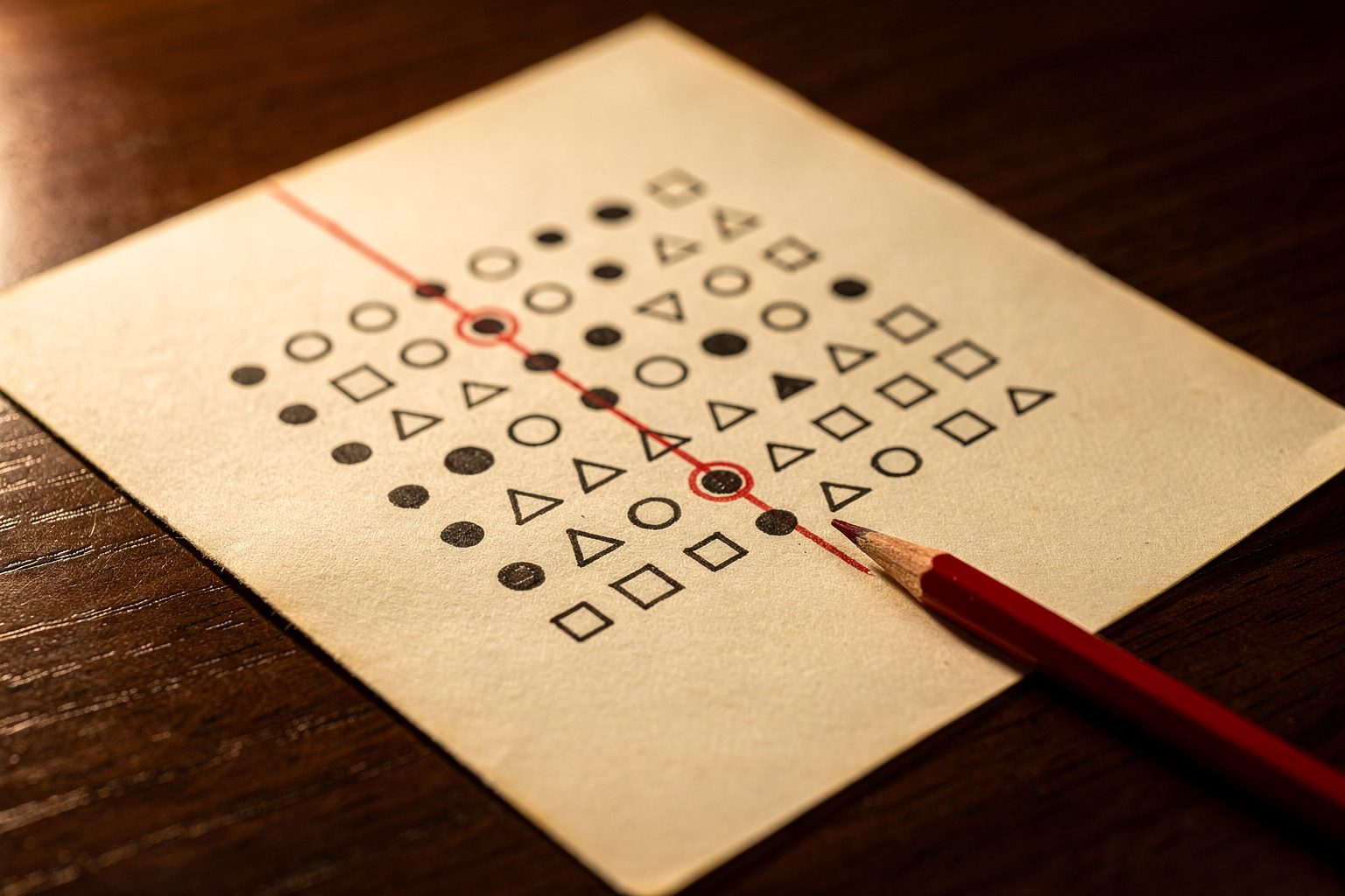 Illustration: a paper grid of geometric cipher symbols with a red pencil line tracing a diagonal through it