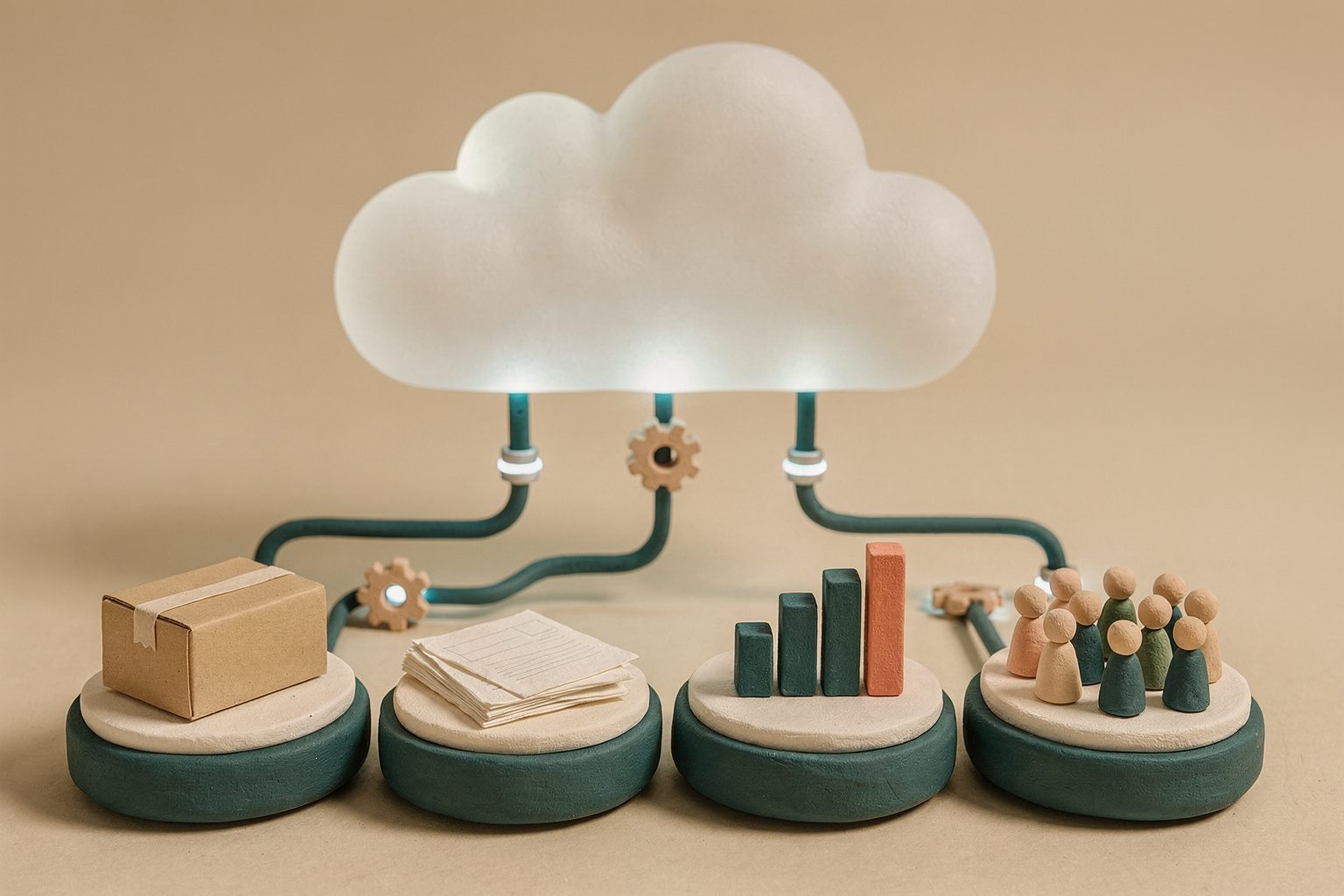 Illustration: a cloud linked to a parcel, documents, a bar chart and figurines, showing business processes run as a service