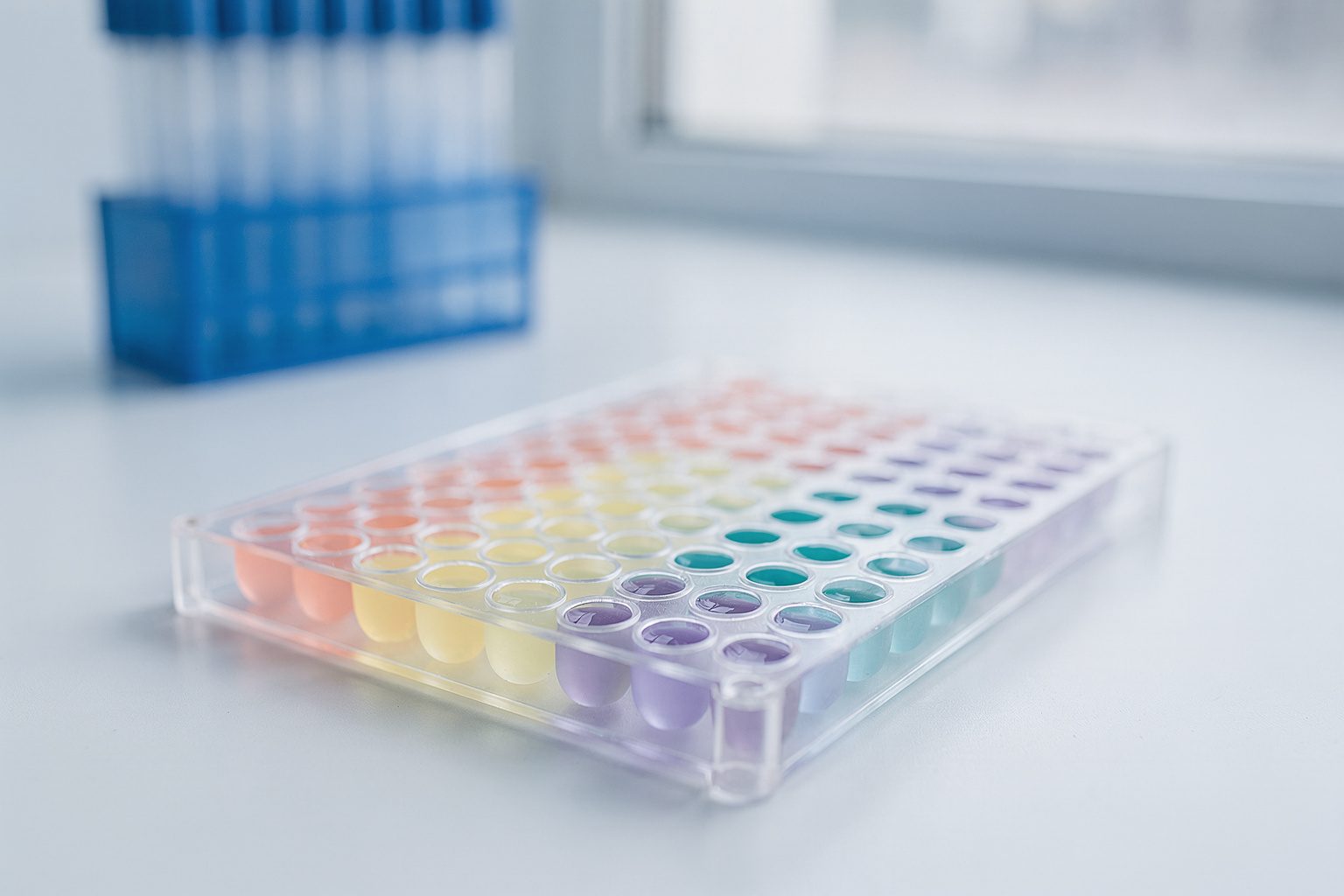 Illustration: a clear multi-well lab plate with wells filled in four colors, like a genetic program built from parts
