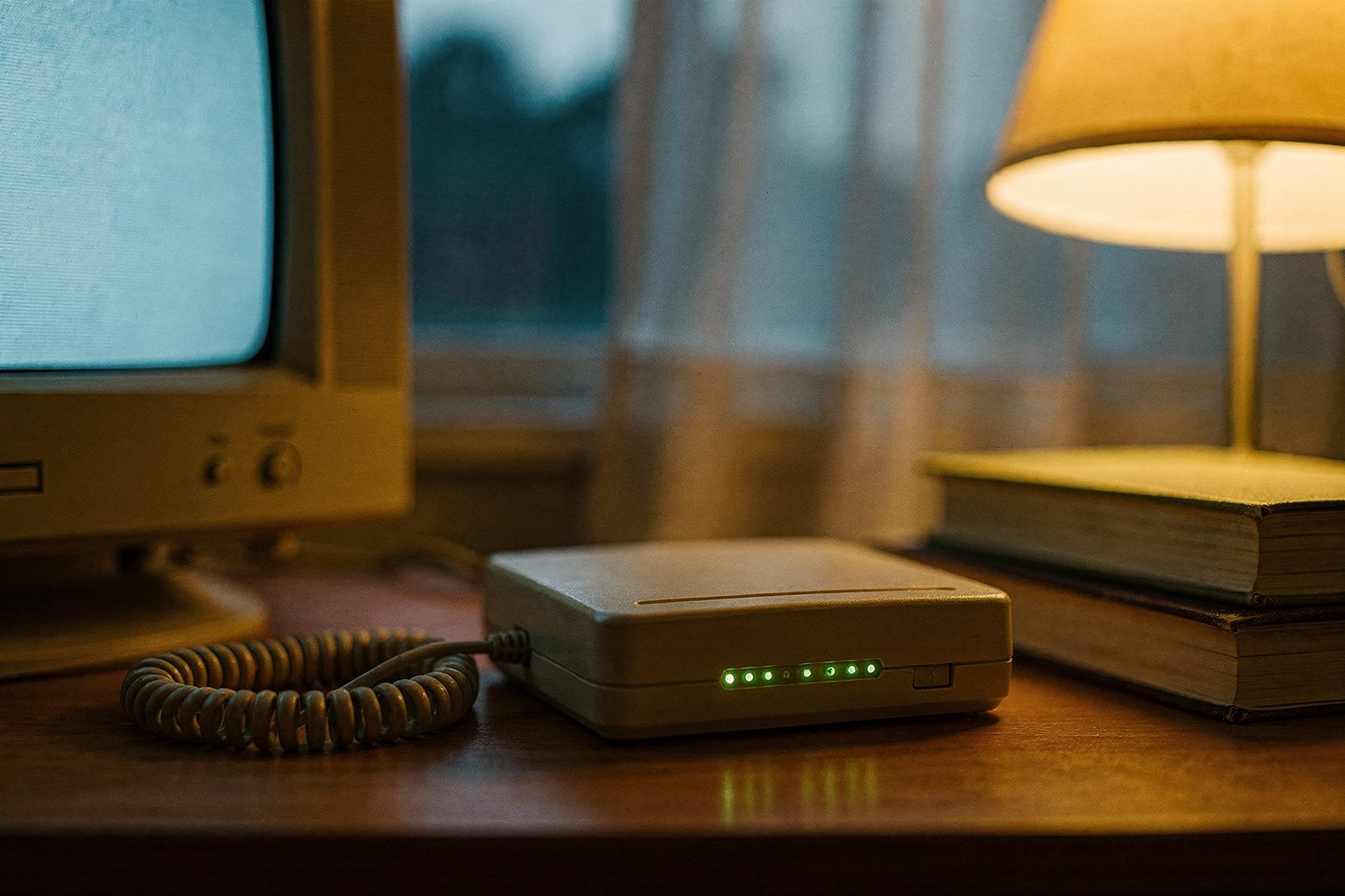 Illustration: a 1990s dial-up modem and CRT monitor on a dorm desk at dusk, a nod to the online plea for help