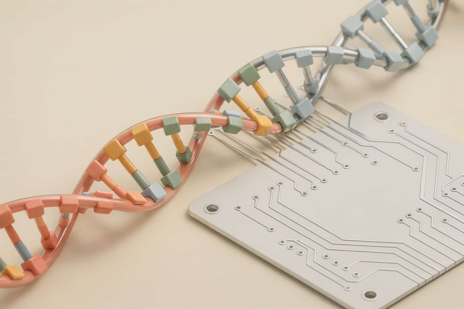 Illustration: a DNA double helix of colored blocks turning into brushed metal, with circuit traces leading onto a board
