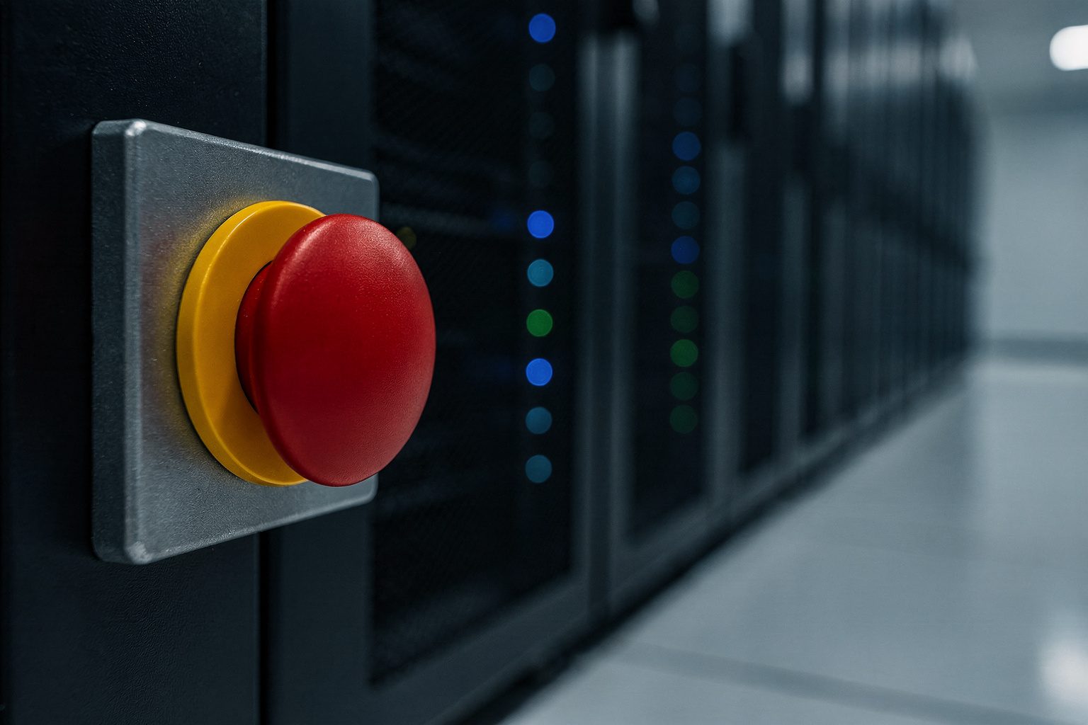 Illustration: a red emergency stop button mounted on a server rack in a data center, a shutdown switch for AI