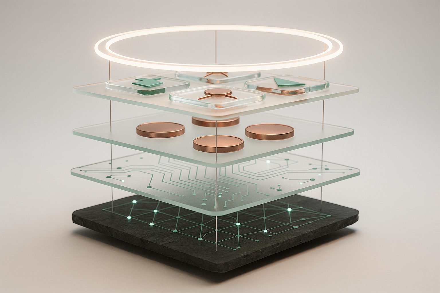 Illustration: floating glass layers with a node network, circuits, coins and app tiles, showing a layered DeFi protocol