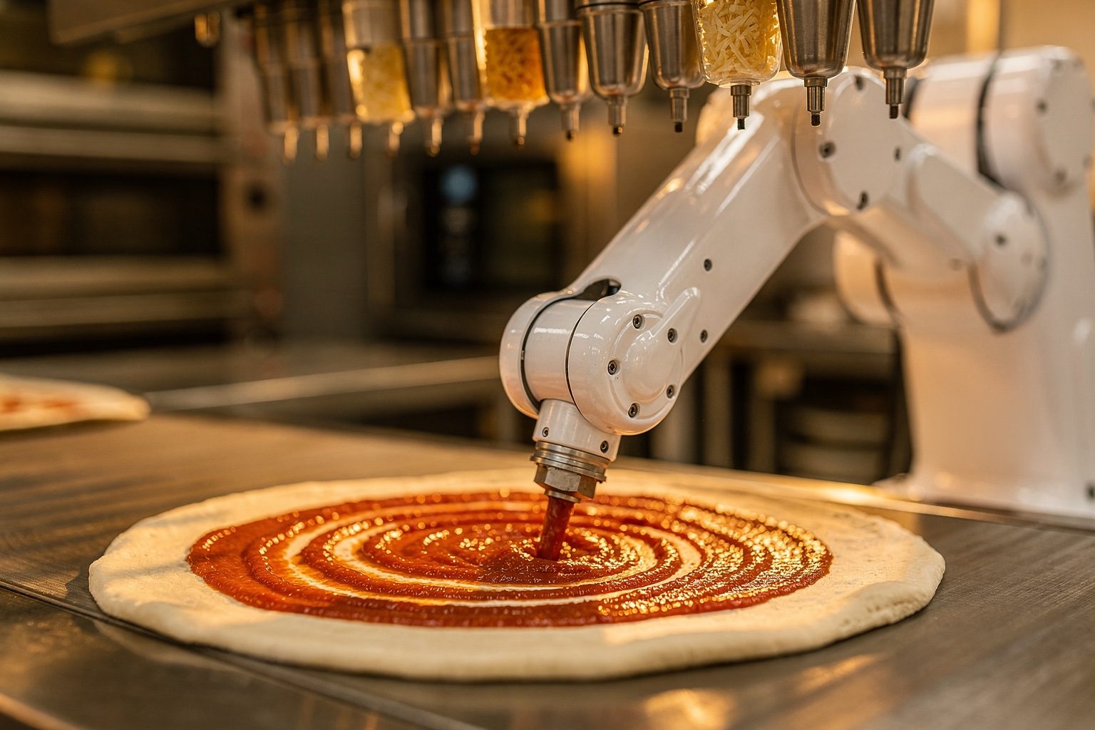 Illustration: a white robotic arm spirals tomato sauce onto pizza dough under automated topping dispensers in a robot kitchen