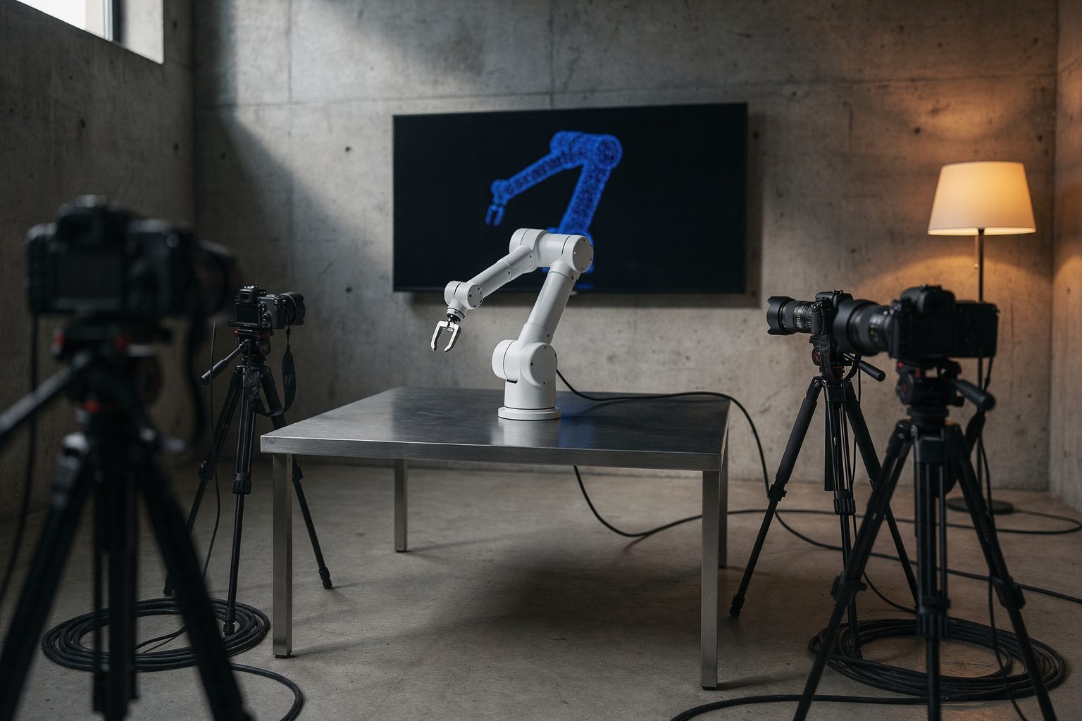 Illustration: a white robot arm on a lab table watched by tripod cameras, with its blue point-cloud model on a screen