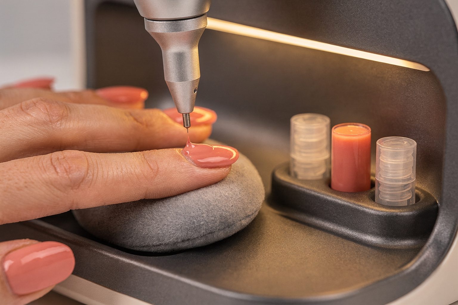 Illustration: the precision nozzle of a manicure robot applies coral polish to a fingertip resting inside the device
