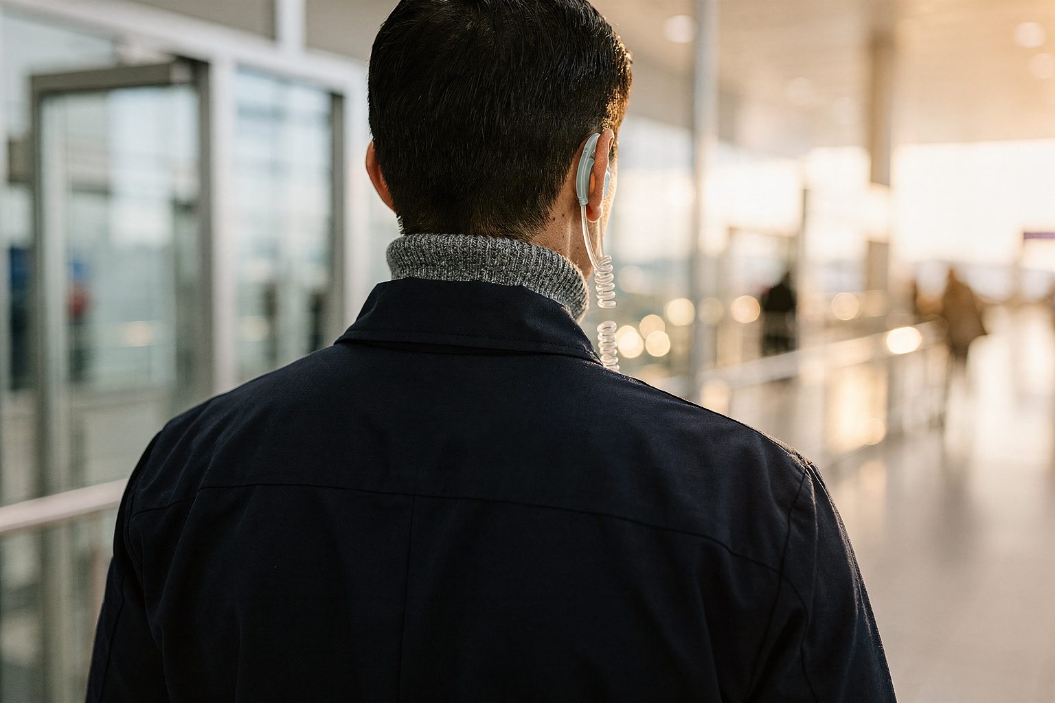 Illustration: seen from behind, an airport security officer with an earpiece wears a gray knit turtleneck under a jacket