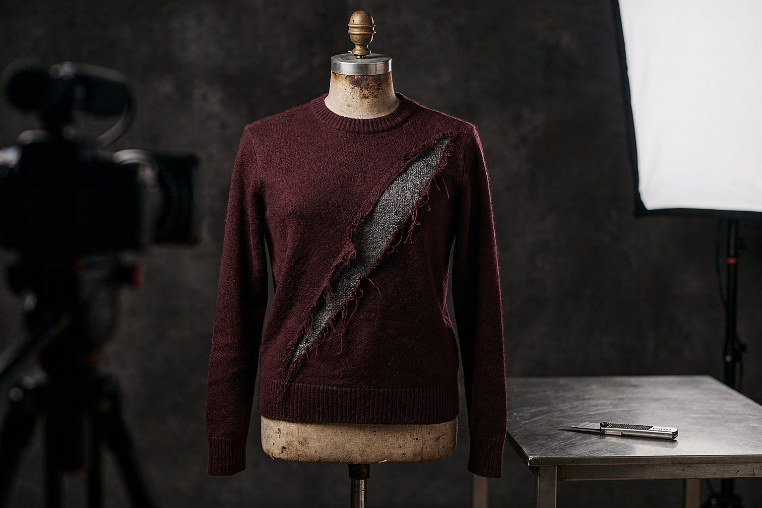 Illustration: a sweater on a dress form, cut open in a filmed blade test, reveals an intact gray protective layer
