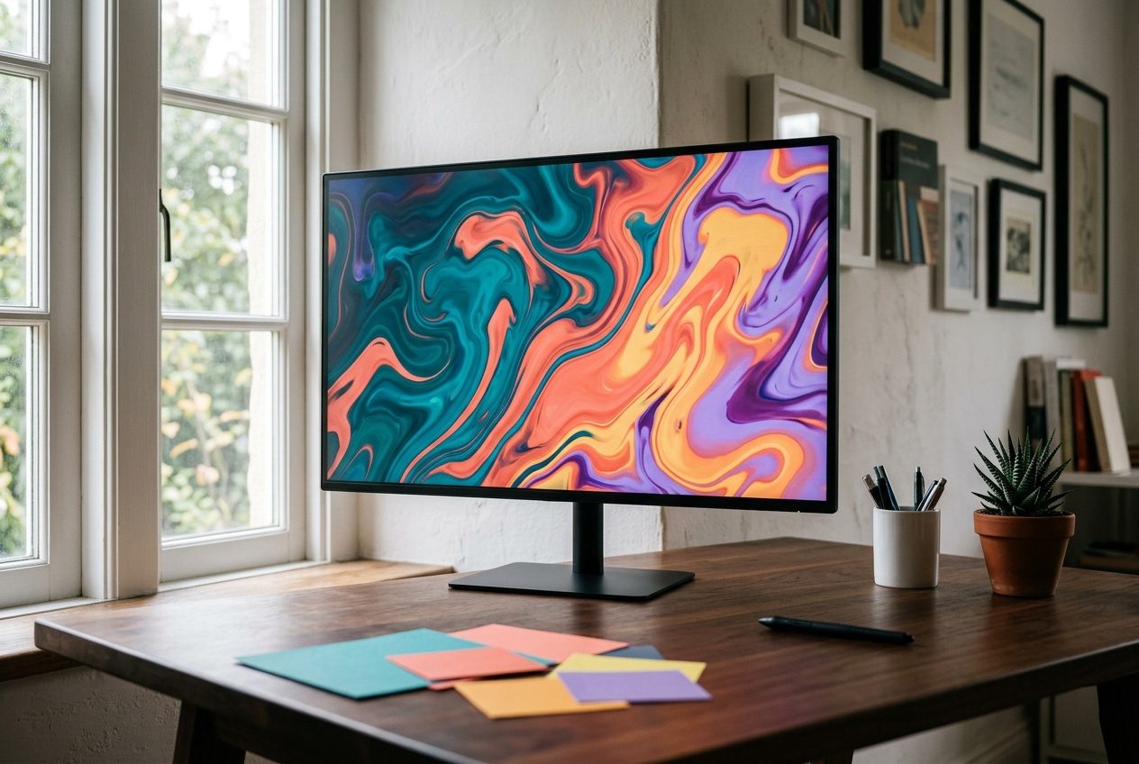 Illustration: a thin-bezel monitor showing swirling paint colors on a wooden desk by a window, beside colored paper squares